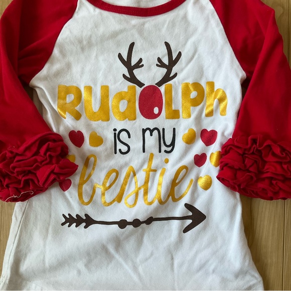 3/$20 sale Rudolph is my Bestie, girls, 3/4 length sleeve w/ ruffles - Picture 4 of 4